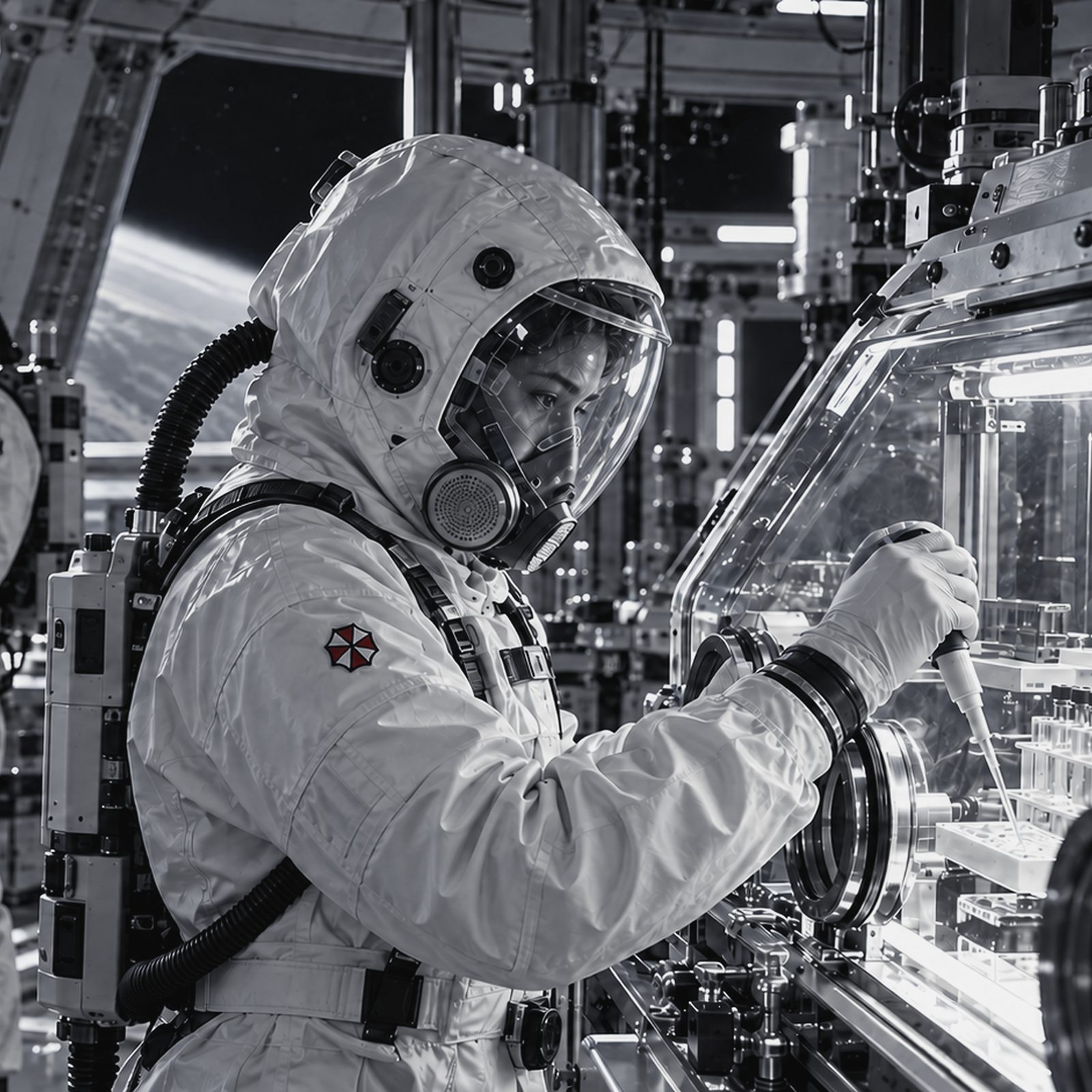A researcher in a sealed suit pipetting at a glovebox in an orbital laboratory, a planet beyond